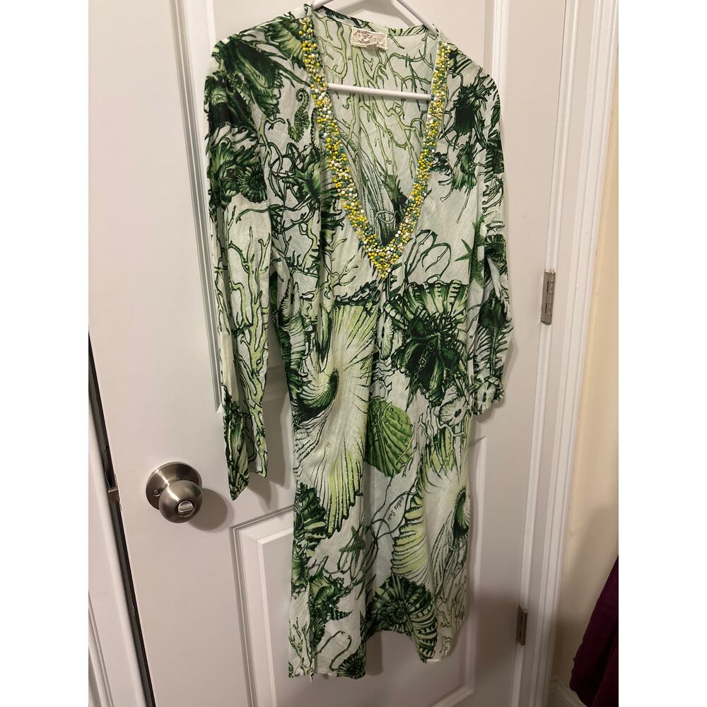 Antica Santoria one size tunic dress cover-up green coral starfish cotton beads